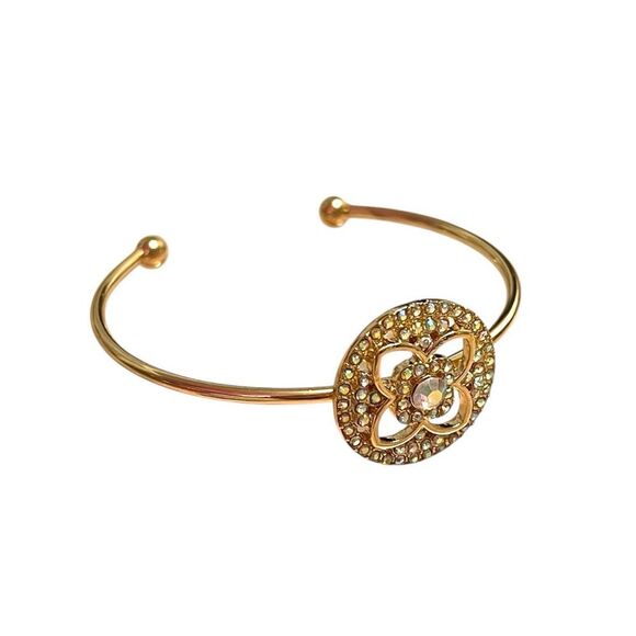 Elegant Round Clover Aurora Borealis Rhinestone Gold Tone Open Cuff Bracelet - Picture 2 of 3